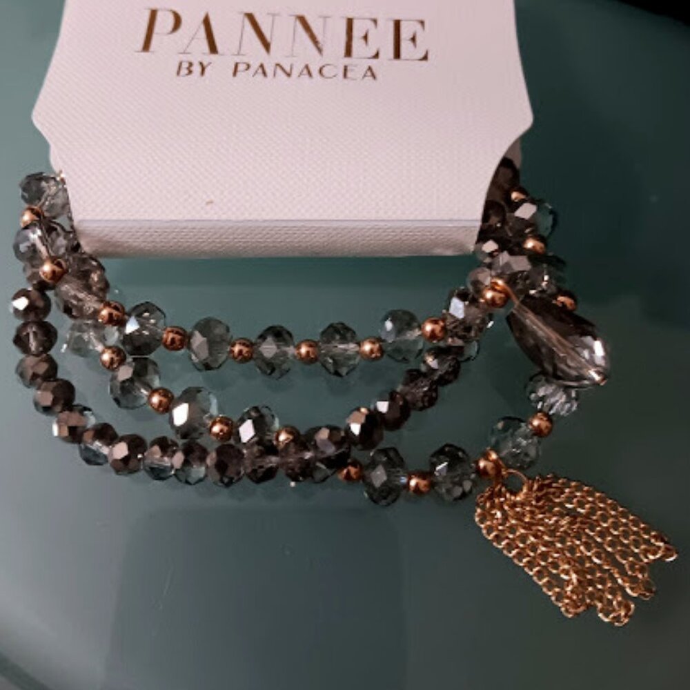 PANNEE By PANACEA 3pc SET Boho Chic Gold Faceted Gray Beads w/ Tassel Bracelets